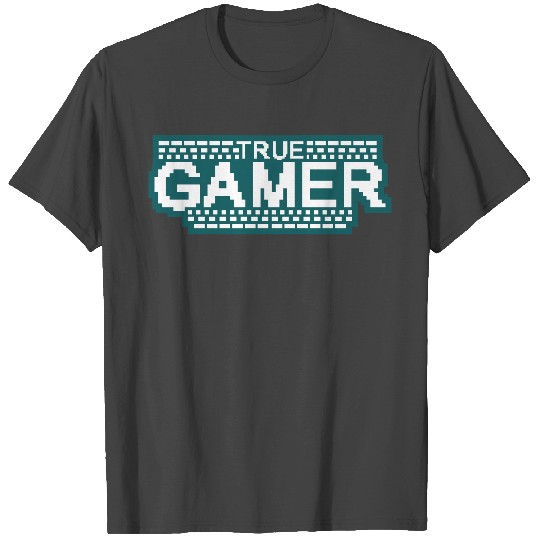 logo true gamer true pixel 8 bit retro gamble play T Shirts