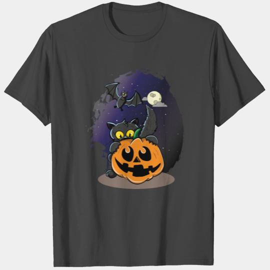Funny Halloween Black Cat Behind Jack-O-Lantern T Shirts