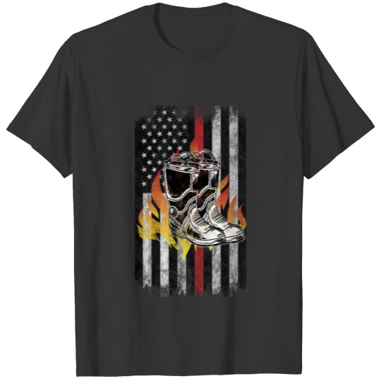 Fire fighter boots Flames American Flag Thin Red T-shirt