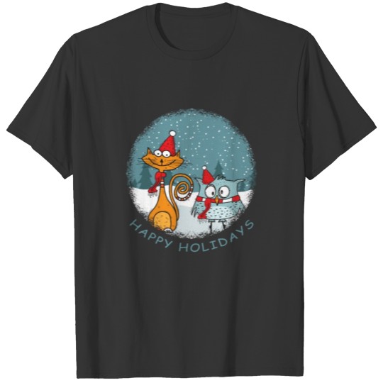 Happy Holidays Cat & Owl T Shirts