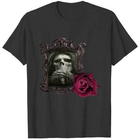 Evil is framed and highlighted with a rose. T-shirt