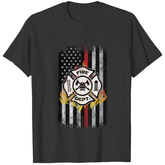 Fire Department Shield Flames American Flag Thin T-shirt