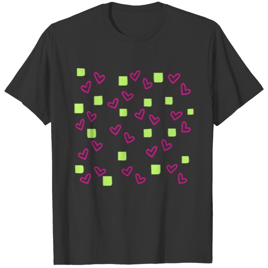 Pink Hearts and Lime Green Squares Pattern T-shirt