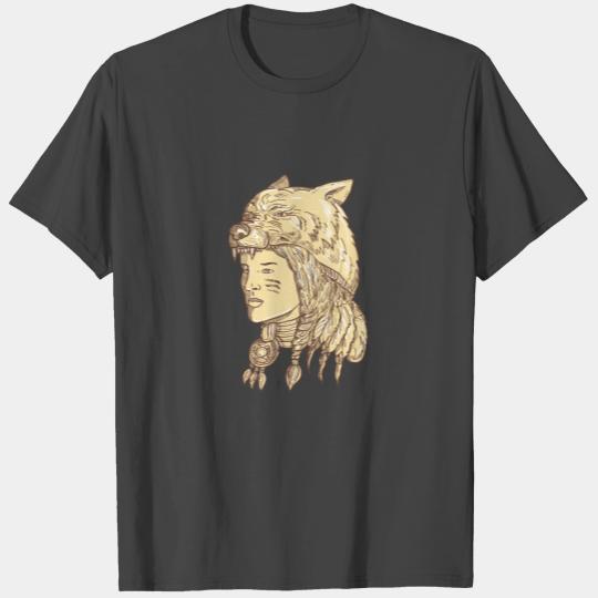 Native American Woman Wearing Wolf Headdress T Shirts