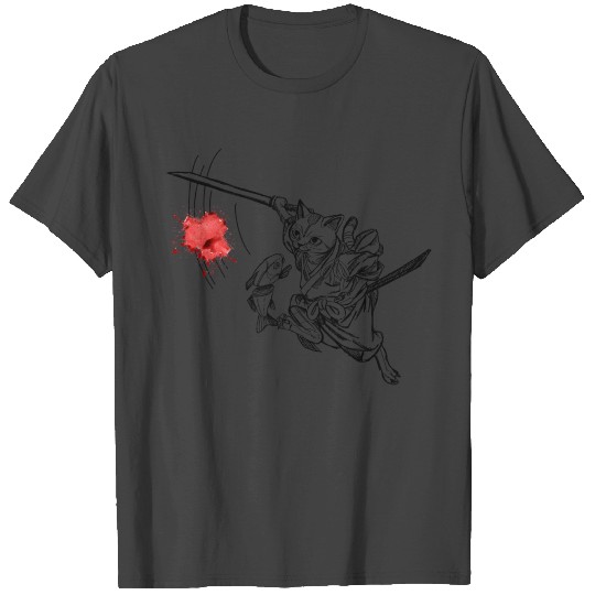 Cute Hand Drawn Samurai Cat Cutting a Fish T Shirts