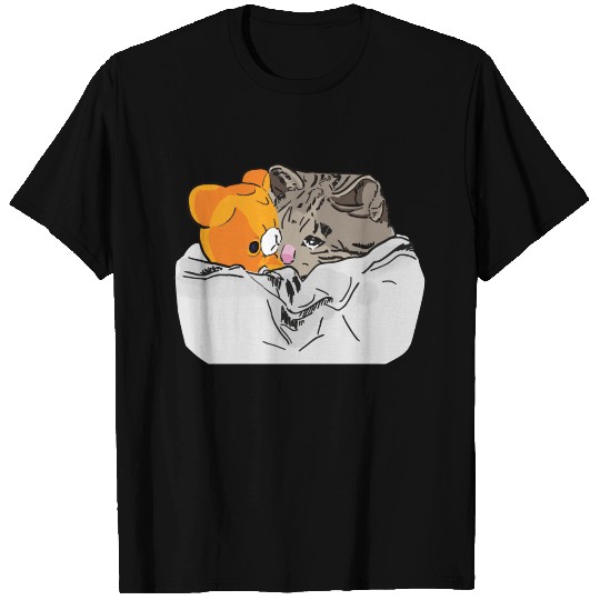 Sad Kitten Cat Crying bed with Teddy Meme T Shirts
