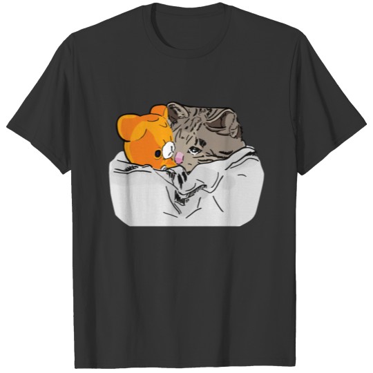 Sad Kitten Cat Crying bed with Teddy Meme T Shirts