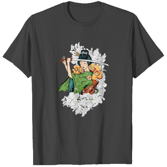 Geisha Katana and Flowers T Shirts