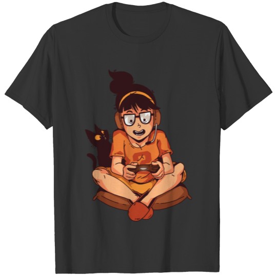 Gaming nerd girl with black cat. T Shirts