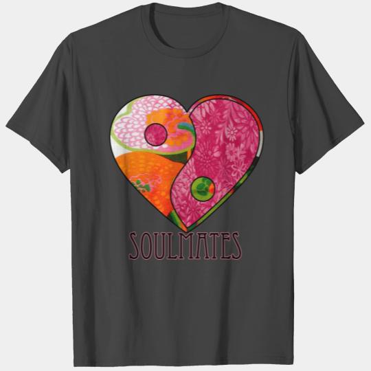 Pink Retro Floral Print Yin & Yang Heart Soulmates T Shirts