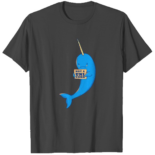 Narwhal looks at a board with "Not a Unicorn" T Shirts