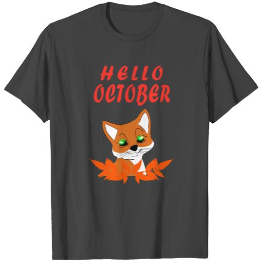 Hello October. Cute happy fox, fallen fall leaves T Shirts