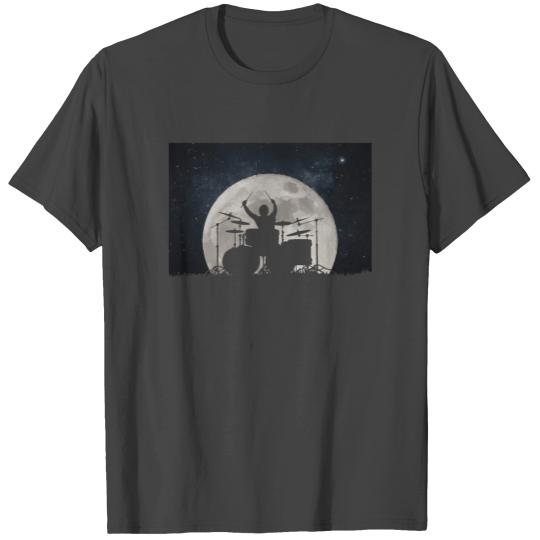 Drummer Playing Drums In Moon Space Solar System T Shirts