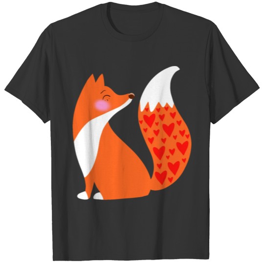 Cute red fox with a tail in hearts illustration T-shirt