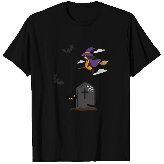 GRAVEYARD WITCH FLYING OVER CAT WITH BATS T Shirts