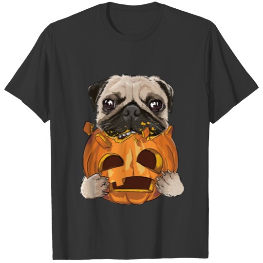 Funny pug dog eating pumpkin T Shirts
