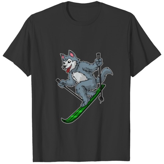Dog Wolf Skiing Ski Holiday Winter Sport Slope Fun T-shirt