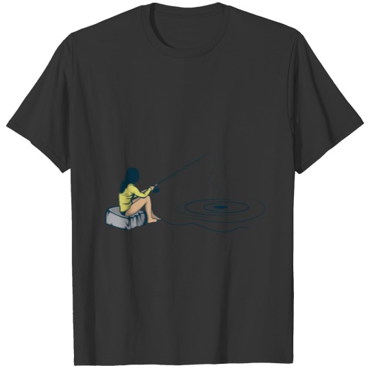 Fishing woman stone lake nature fish food gift T-shirt