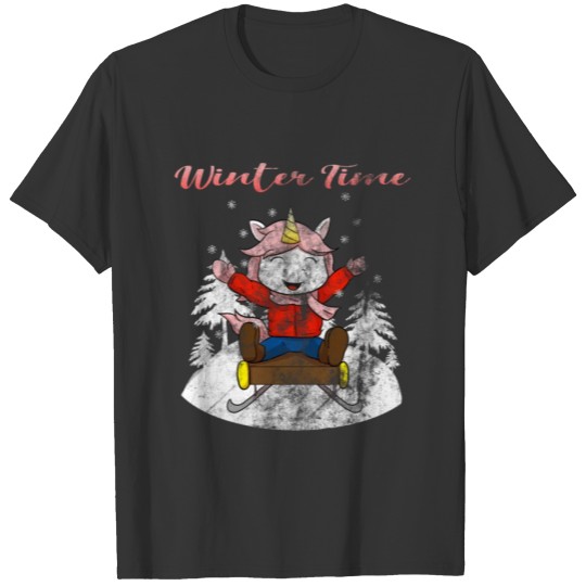 unicorn winter sledge children girl snow T-shirt