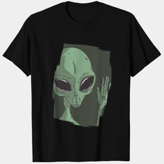 Green alien waving his hand alien behind chest T Shirts