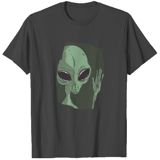 Green alien waving his hand alien behind chest T Shirts