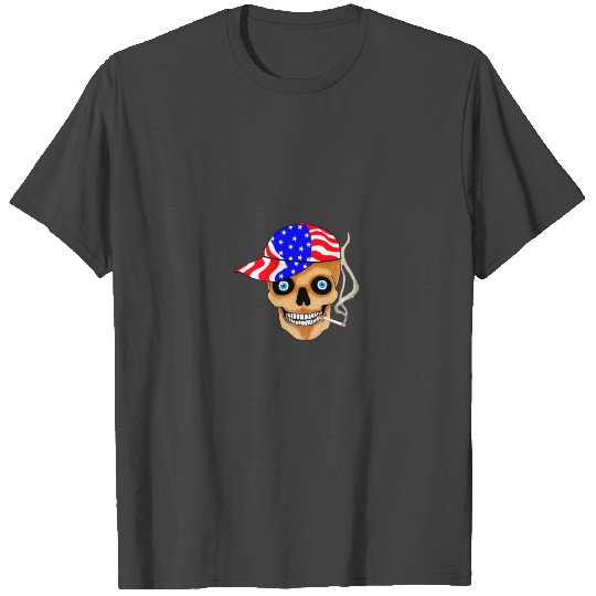 HAND PAINTED SMOKING SKULL WITH AMERICA CAP T Shirts