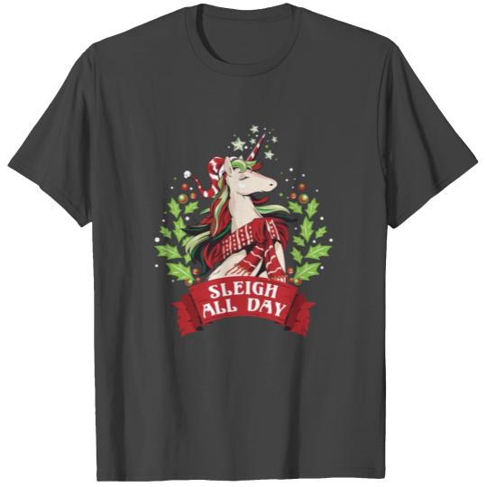 Sleigh All Day Cute Santa Unicorn Christmas T Shirts