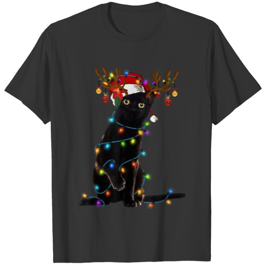 Black Cat Christmas Light T Shirt Funny Cat Lover T-shirt