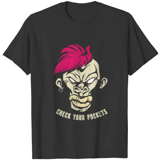 Punk monkey face check your pockets pink hair T Shirts