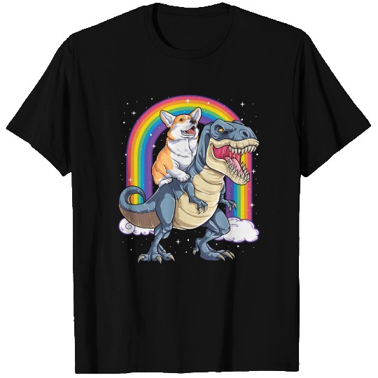 Corgi Riding Dinosaur T rex T Shirts Funny Rainbow
