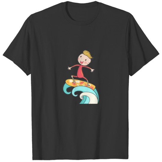 Cute drawing surf boy on surfboard floating on big T Shirts