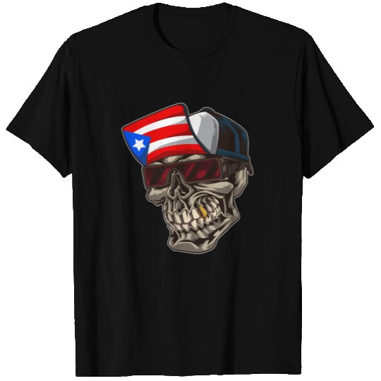 Cool Puerto Rico Skull With Cap and Boricua Flag T Shirts
