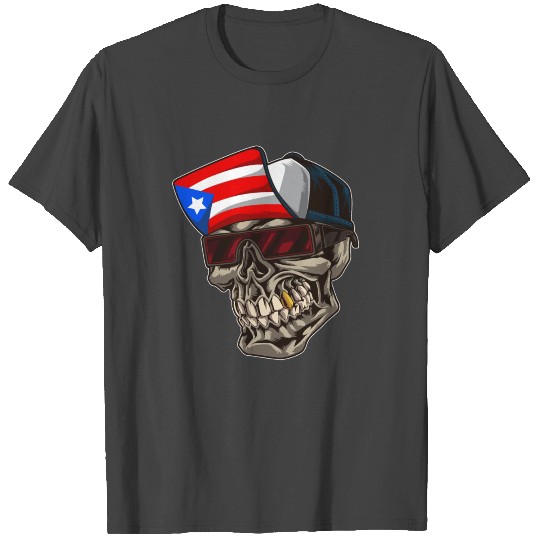 Cool Puerto Rico Skull With Cap and Boricua Flag T Shirts