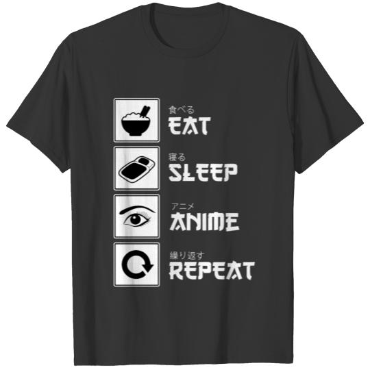 Eat sleep anime repeat black and white present T Shirts
