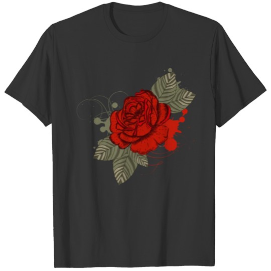 Drawing of a red rose with leaves T-shirt