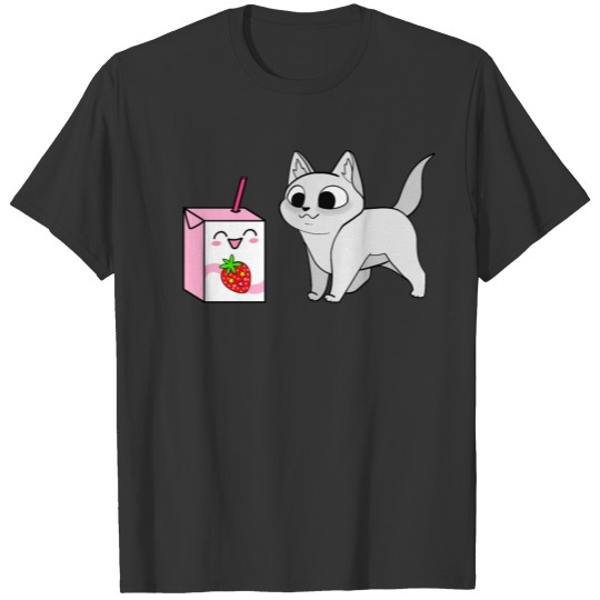 Cute grey kitten and a carton of strawberry milk. T Shirts