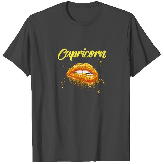 Capricorn Zodiac Birthday Golden Lips T Shirts Blac