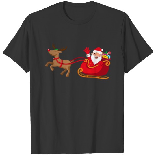 Santa in Sleigh Powered by Reindeer Waving To T-shirt