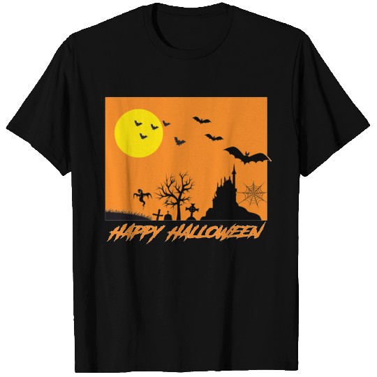 Moonlit Haunted House Ghost Bat Cobweb Gravestone. T Shirts