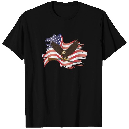 Bald Eagle With Musket Over American Flag T Shirts