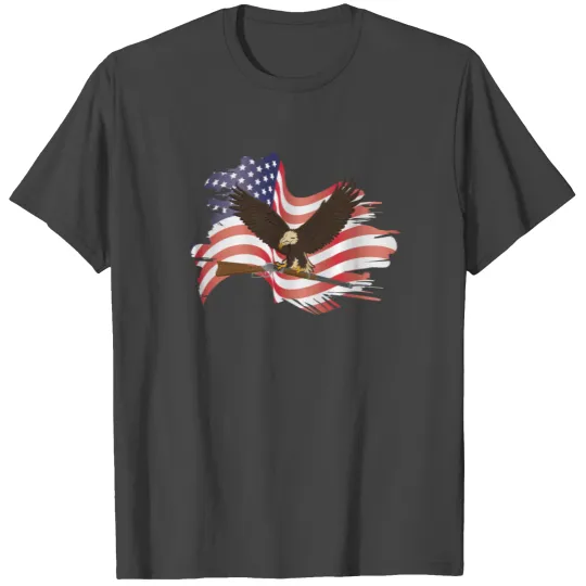 Bald Eagle With Musket Over American Flag T Shirts