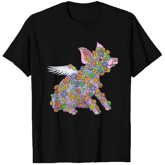 Winged Piglet with flowers T Shirts