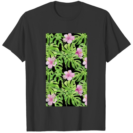 Pink Hibiscus Flowers Tropical Monstera Leaves T Shirts