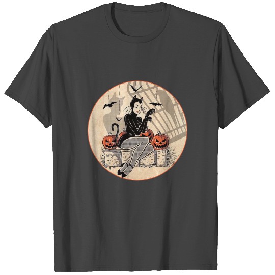 Vintage Halloween Lady in Cat Costume T Shirts
