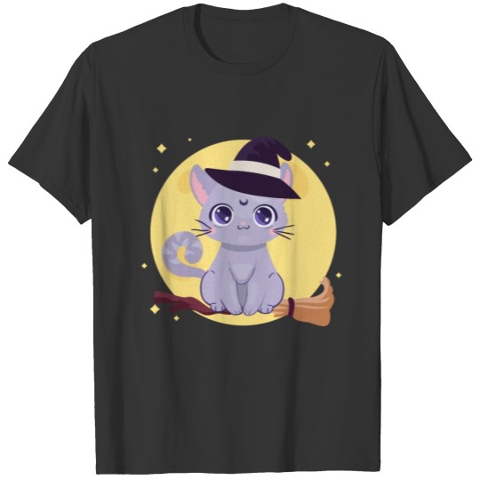 Cute Halloween Cat Costume Witch Moon Feline T-shirt