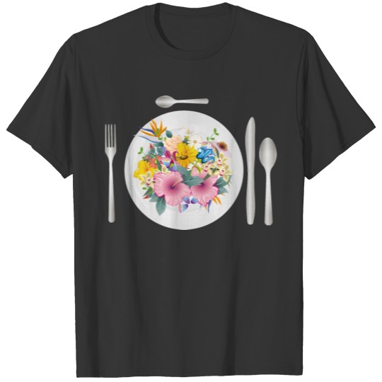 Table setting with cutlery and a colorful bouquet T-shirt