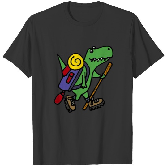 Funny Green T-rex Dinosaur Hiking Cartoon T-shirt