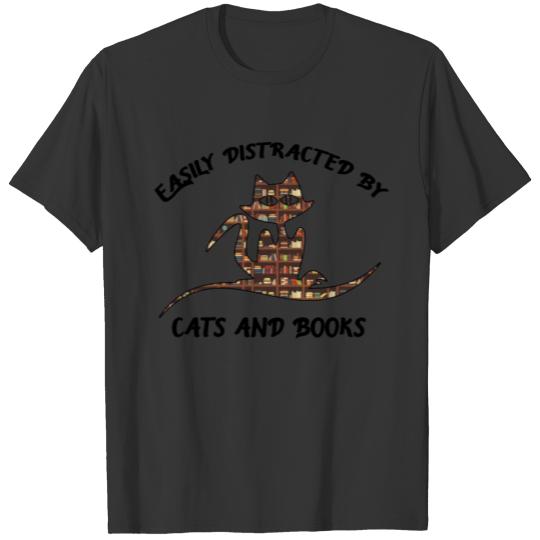 Easily Distracted by Cats and Books vintage gift T-shirt