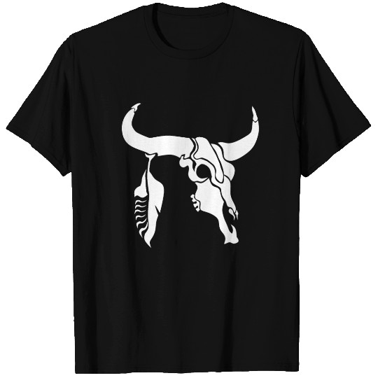 Tribal White Longhorn Bull Skull w White Feather T Shirts