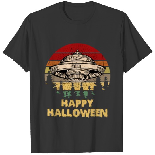 UFO & Witch at the Tree Line Retro Sunset Happy Ha T Shirts